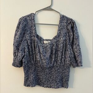 Blue floral smocked puff sleeve top